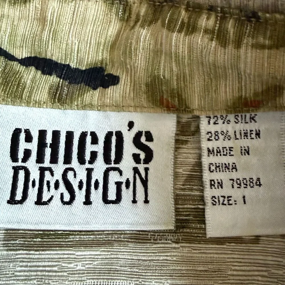 Vtg Chico's Design silk linen button down blouse size 1/M gray tropical leaf